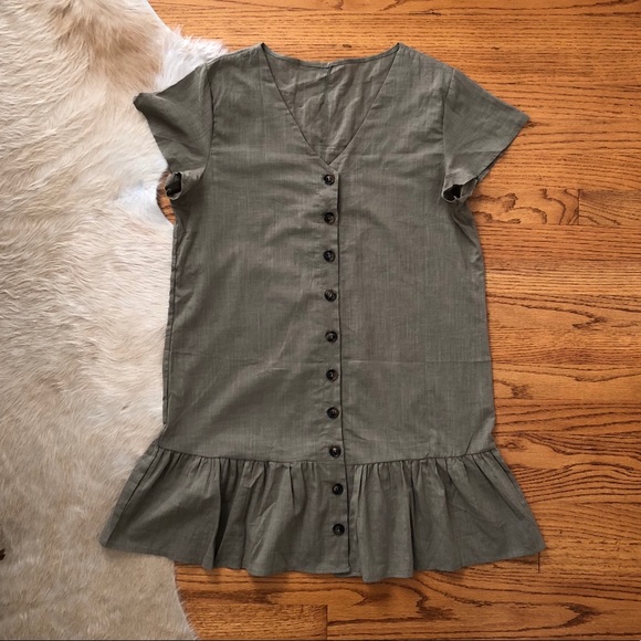 V Neck Button Down Ruffle Hem Shift Dress - Picture 4 of 7